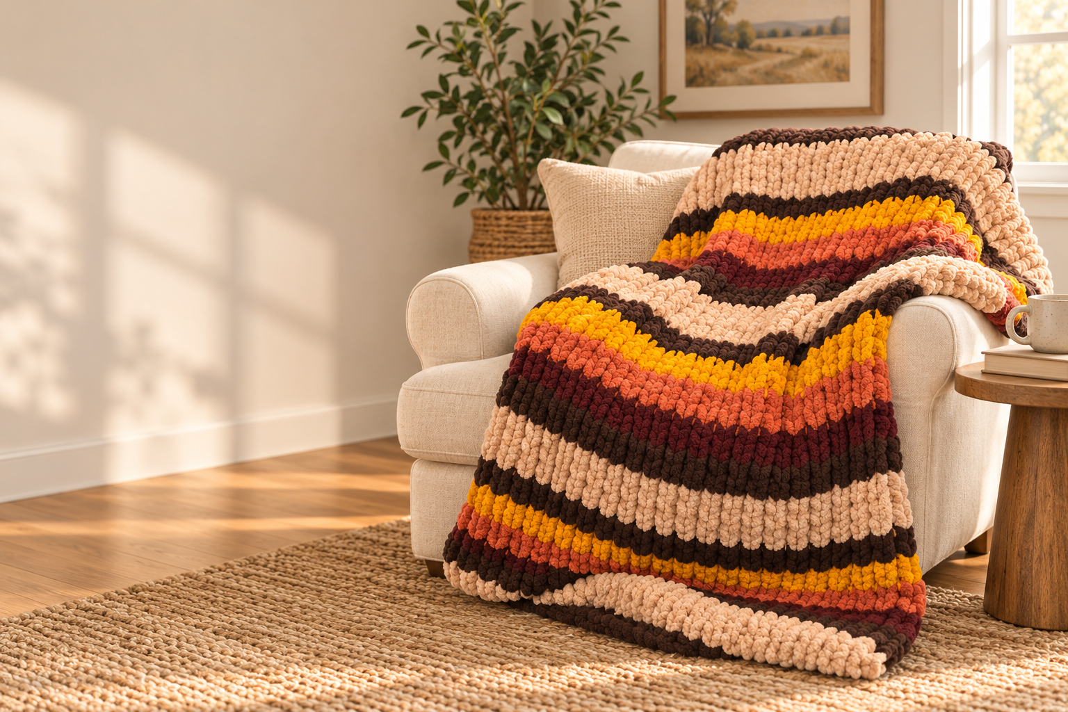 A cozy chunky-knit blanket with a warm autumn pattern